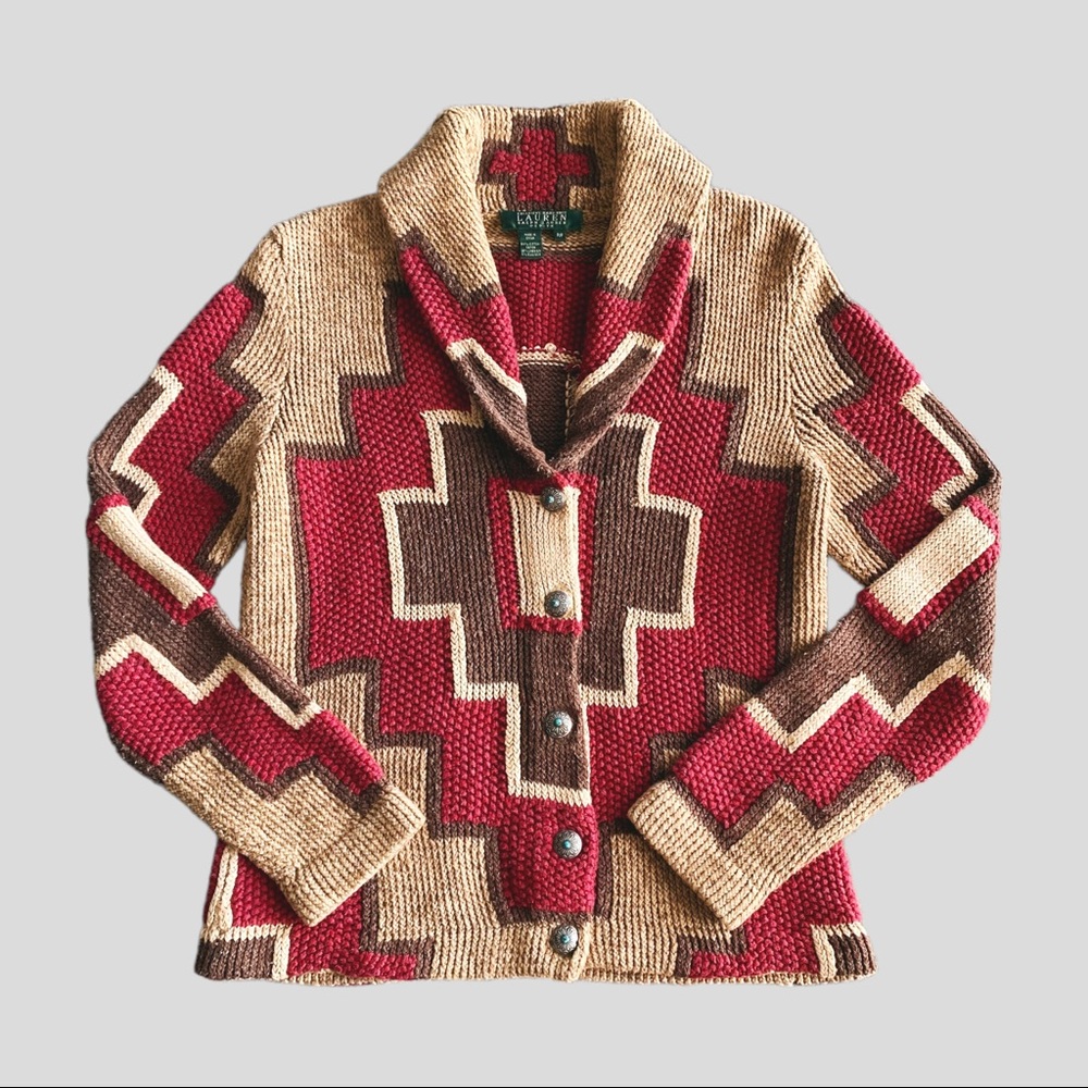 Vintage Ralph Lauren Hand Knit Southwest Aztec Cowichan Shawl Sweater Cardigan P